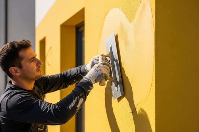 Profissional realizando a aplicação técnica de grafiato ranhurado em muro residencial no bairro da Vila Ema.