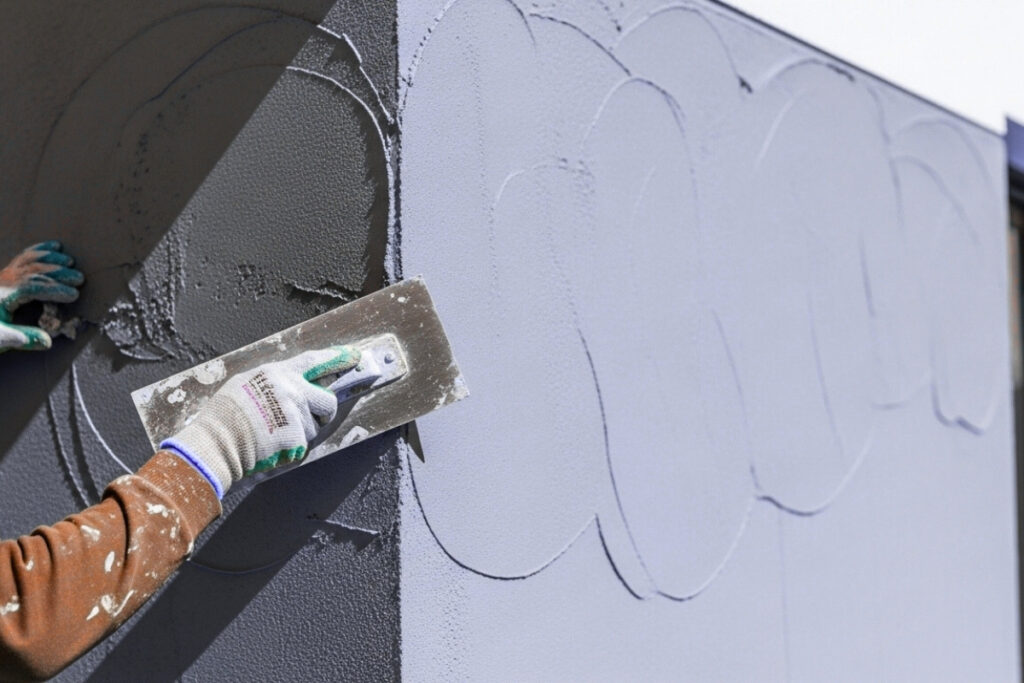 Detalhe técnico de amostra de aplicação de textura em muro no bairro do Sapopemba.